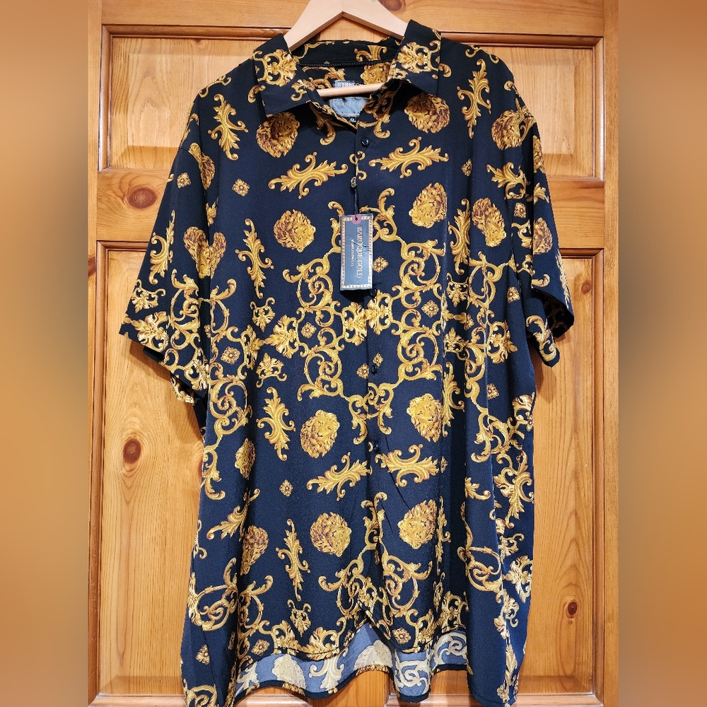 Baroque Gold Stretch Men's Royal Lion Button Down Shirt, Size 4Xl